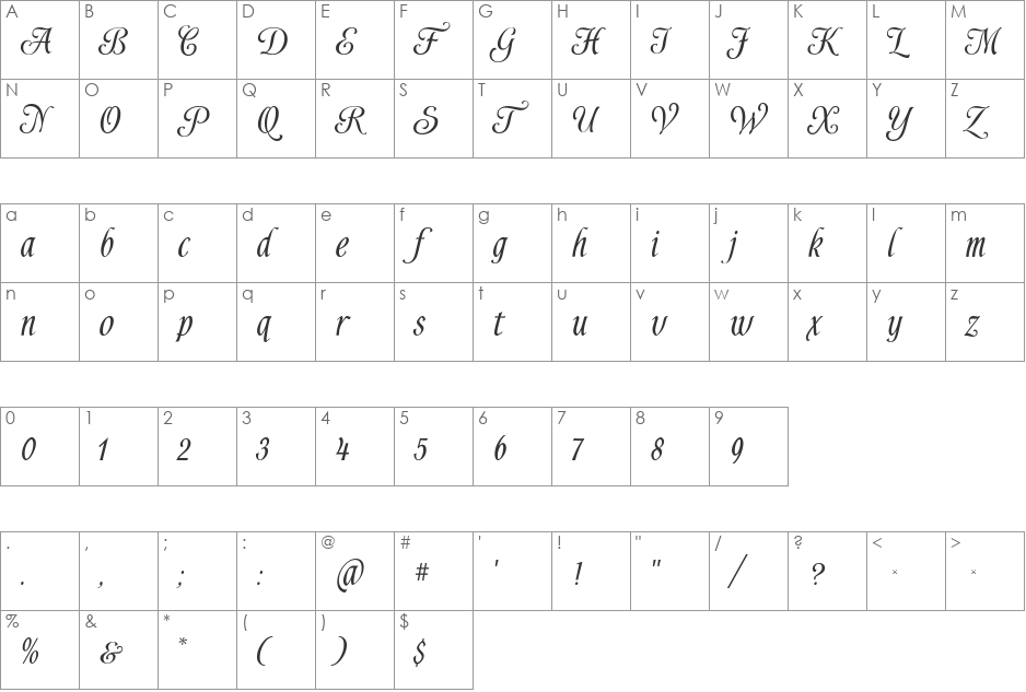 Alys Script Bold font character map preview