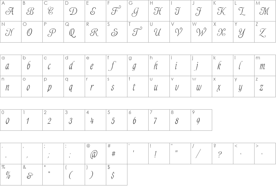Alys Script Light font character map preview