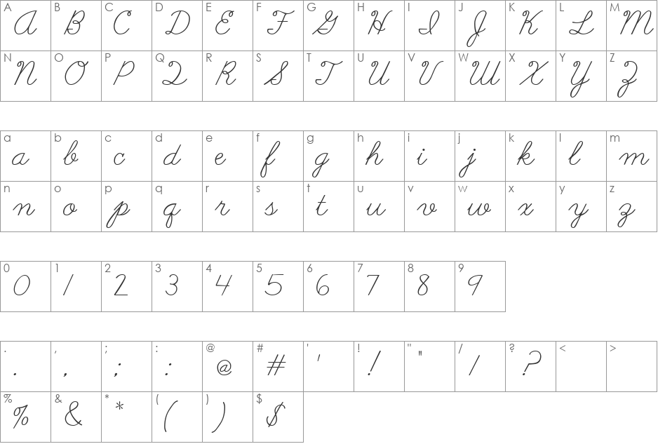 Abc Cursive font character map preview