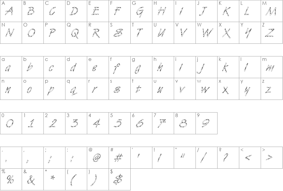 DTCVanDijkM28 font character map preview