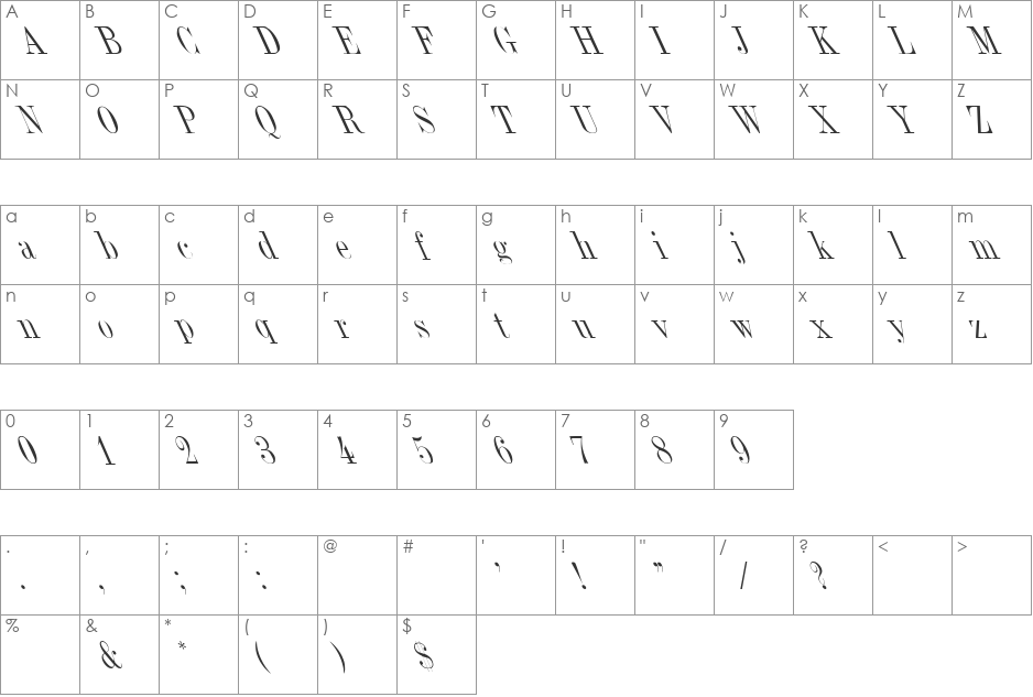 Dubiel ( Plain) Thin Lefty font character map preview