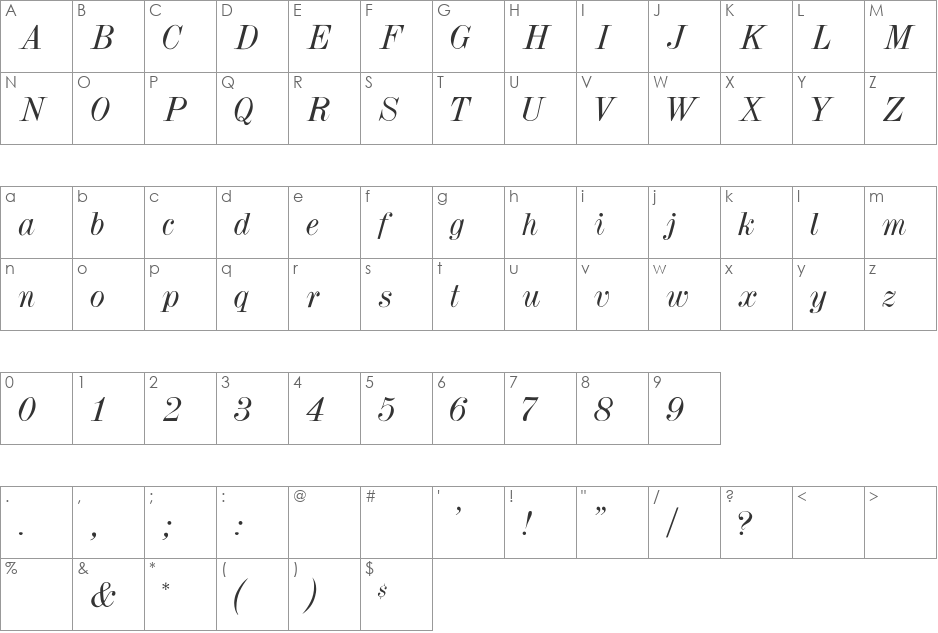 DubielItalic font character map preview