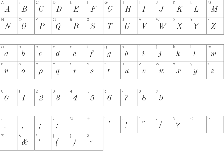 DubielItalic font character map preview