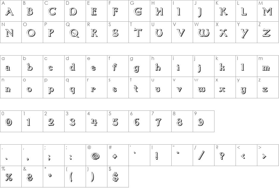 Dumbledor 1 Shadow font character map preview