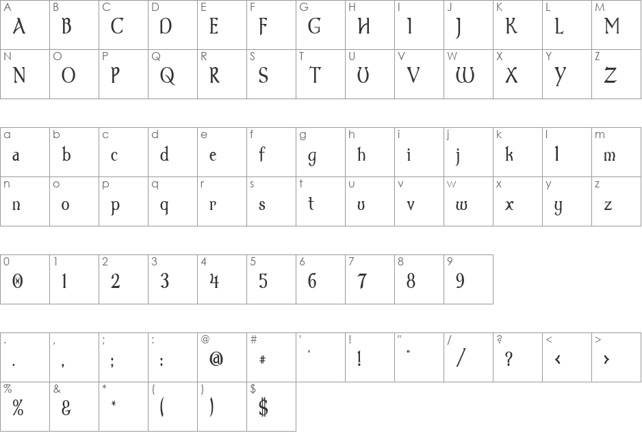 Dumbledor 1 Thin font character map preview
