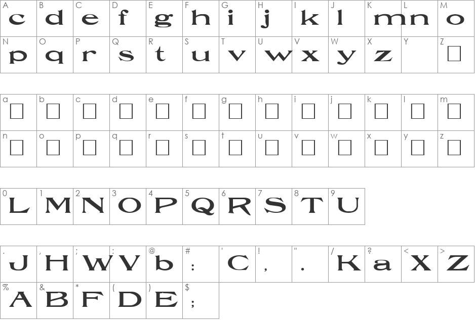 Durendal font character map preview