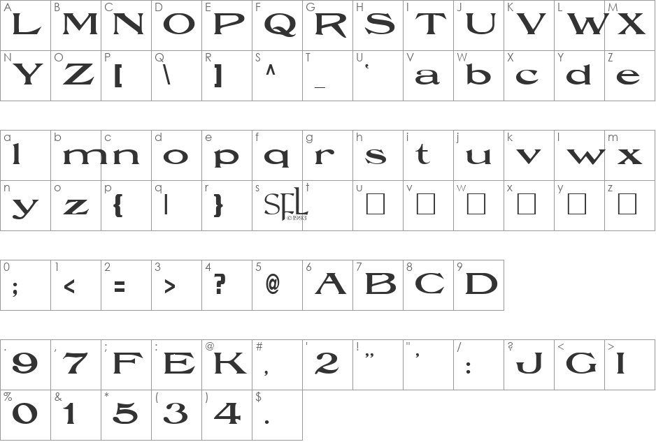 Durendal font character map preview