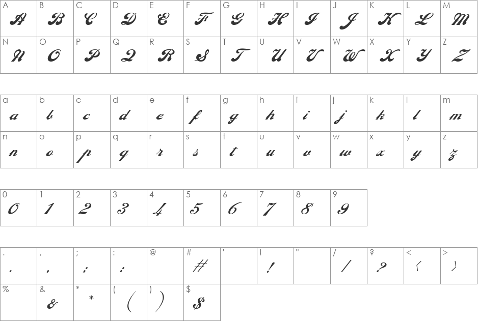 EborScript font character map preview
