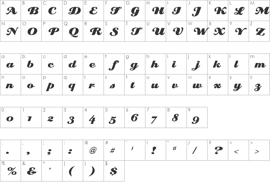 Eclat ICG Alt font character map preview