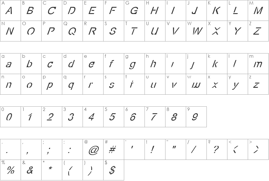 Eco-Files Italic font character map preview