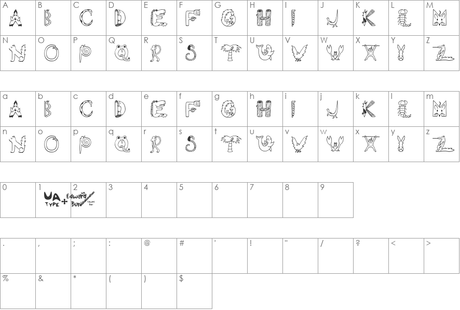 EDB Wild Things font character map preview