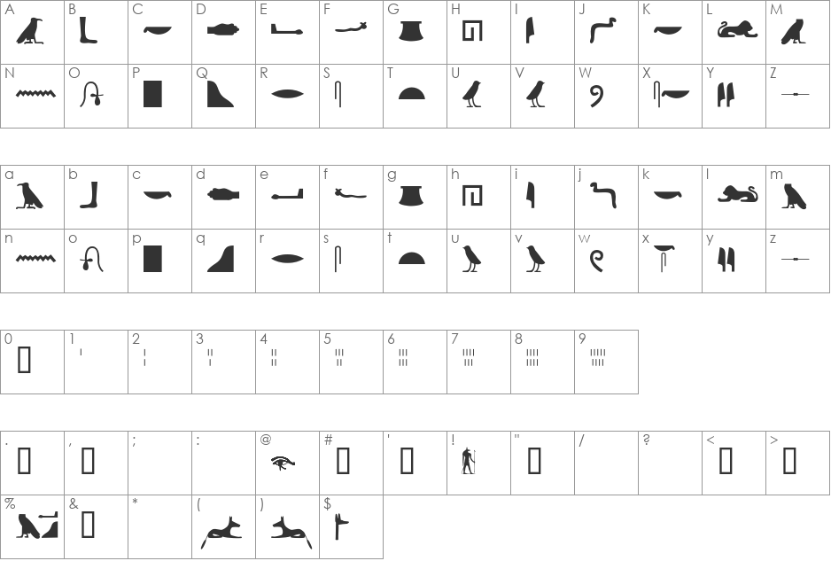 Egyptian Hieroglyphs Silhouette font character map preview