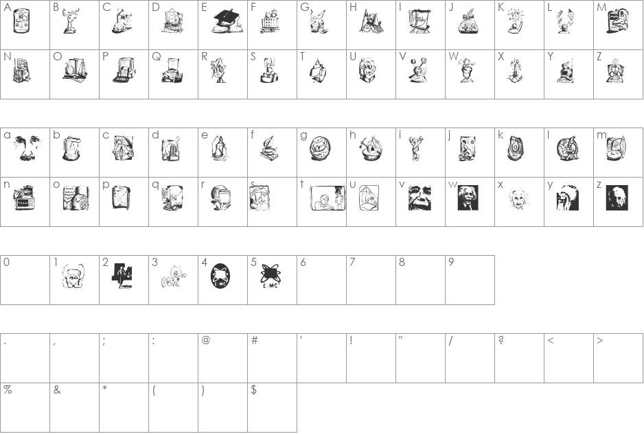 EinsteinsWorlds font character map preview
