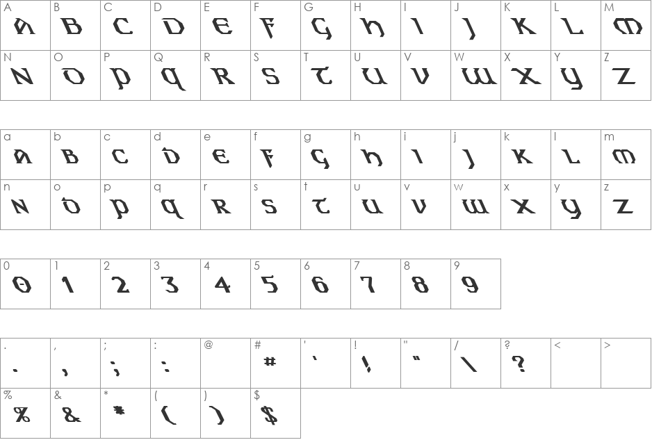 Eire Extreme Lefty font character map preview