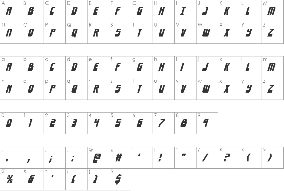 Eldebaran Italic font character map preview