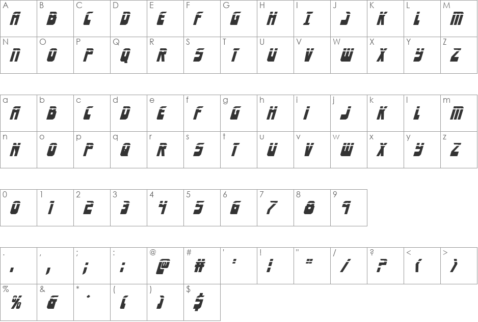 Eldebaran Laser Italic font character map preview