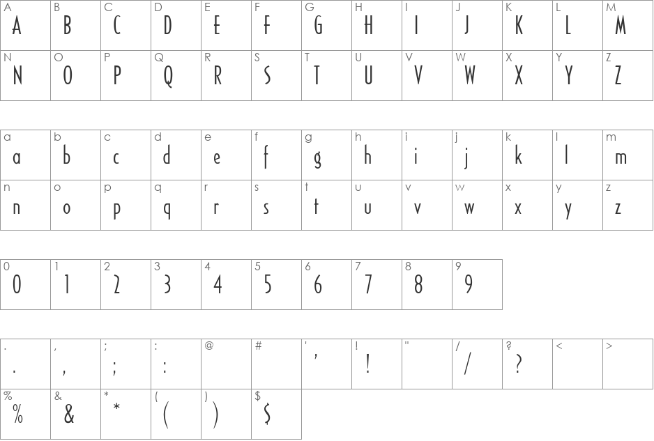 Electra Condensed font character map preview