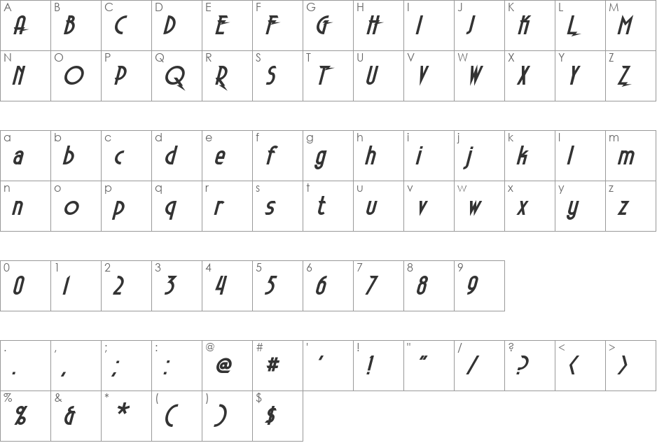 Electrorocket font character map preview