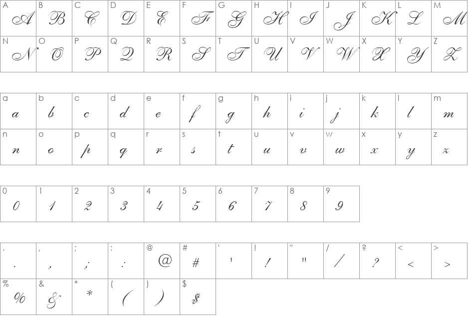 Elegance font character map preview