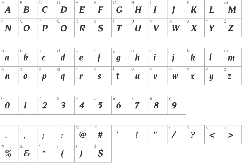 Elegantia-BoldItalic font character map preview