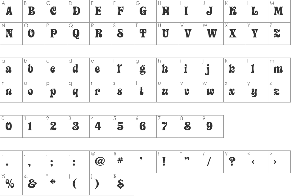 ElephantBells font character map preview