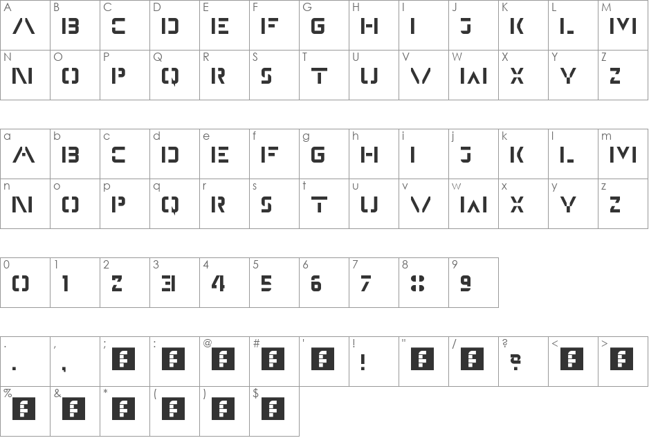 Elevator font character map preview