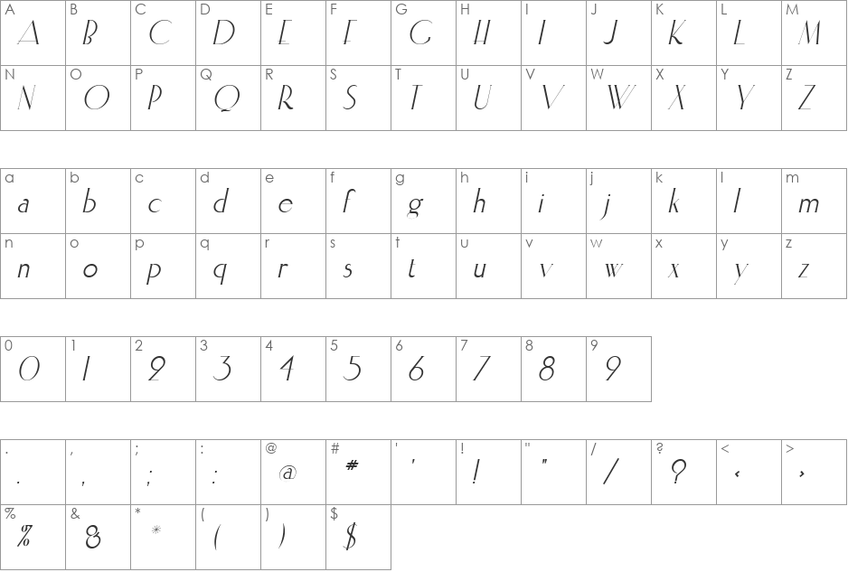 Elisia font character map preview