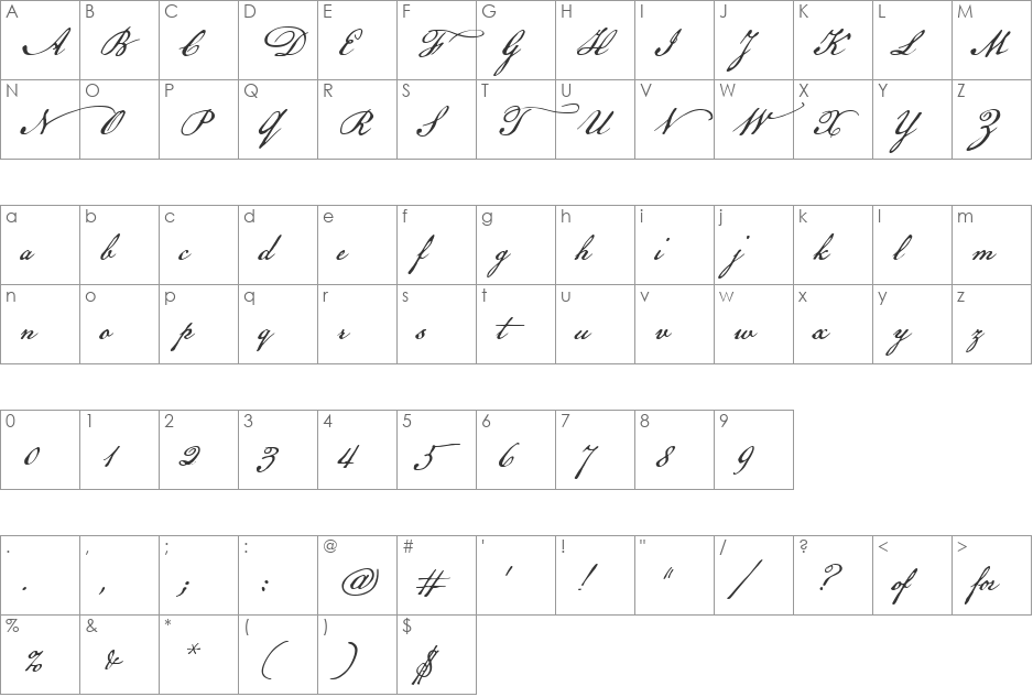 American Scribe font character map preview