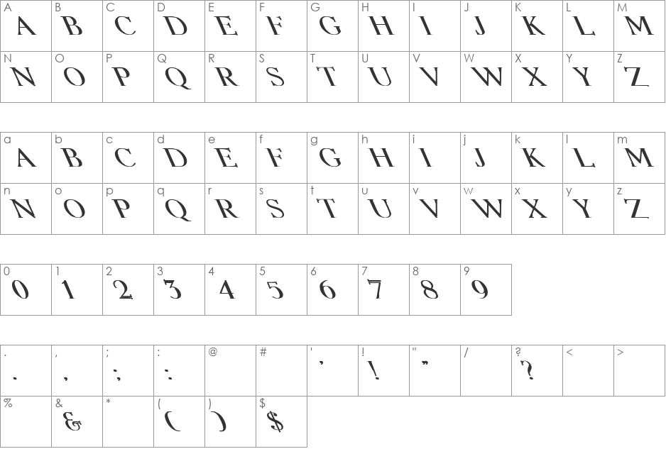 Elizabeth Extreme Lefty font character map preview