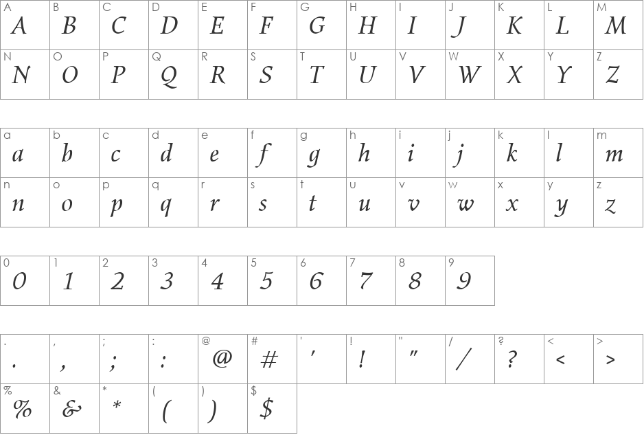 Elysium Book font character map preview