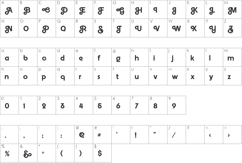 Embrionic85Swash font character map preview