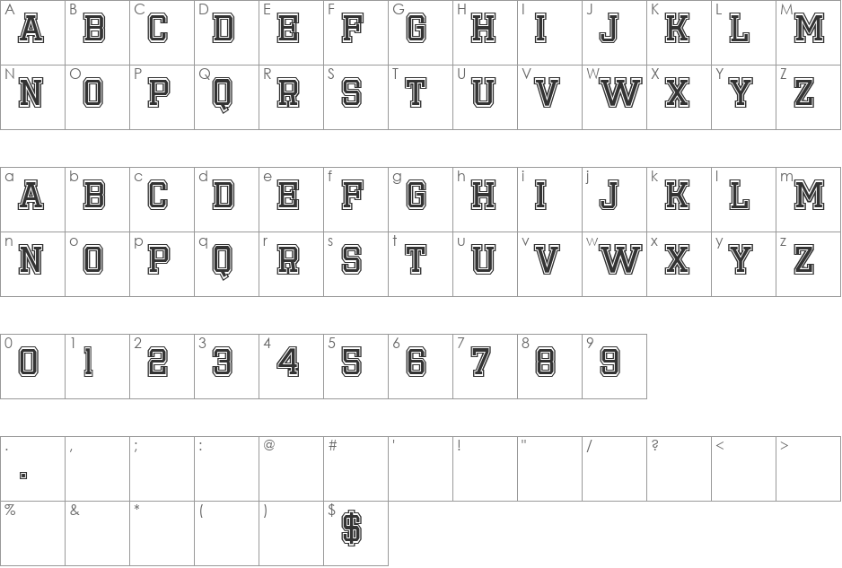 Emilio 20 font character map preview