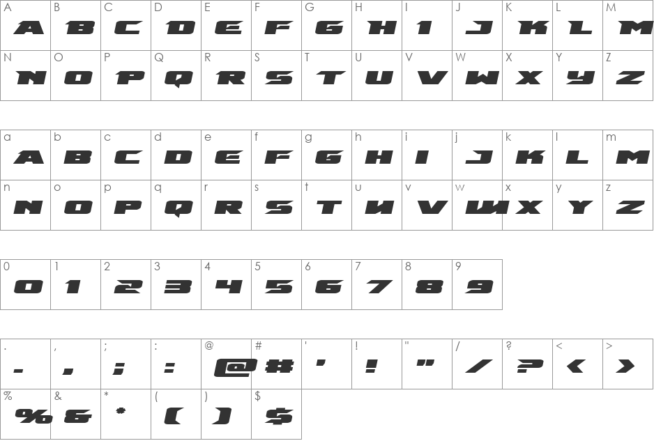 Emissary Expanded font character map preview