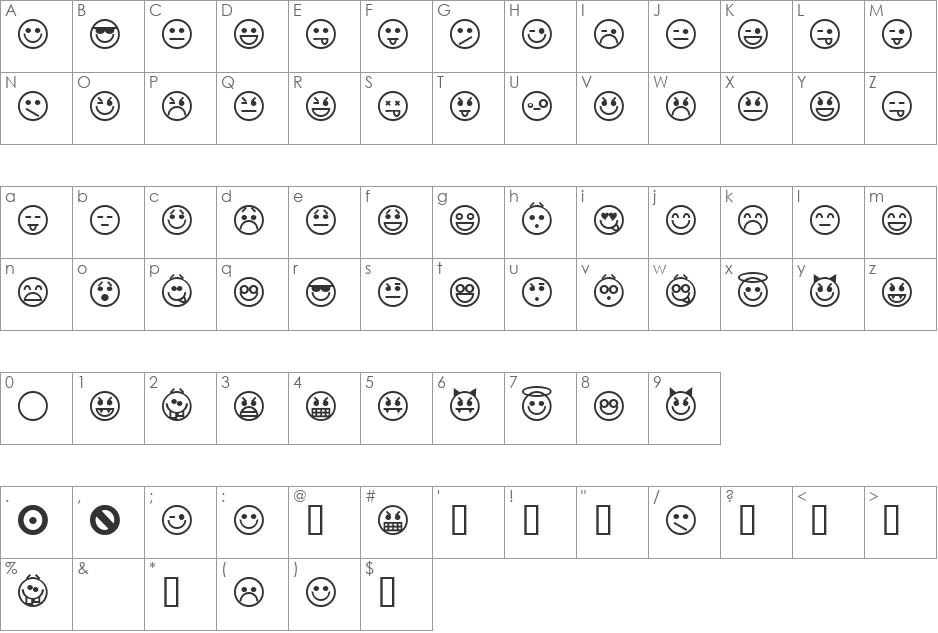 Emoticons font character map preview