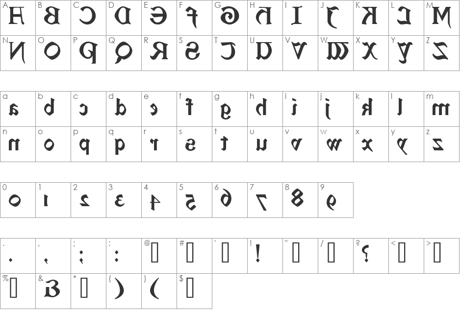 Enchantment backwards font character map preview