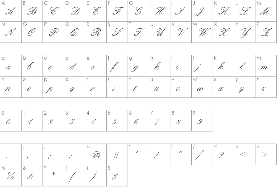 Englische Becker font character map preview
