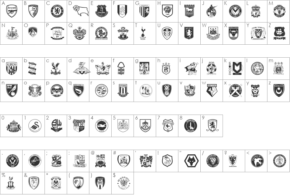 English Football Club Badges font character map preview