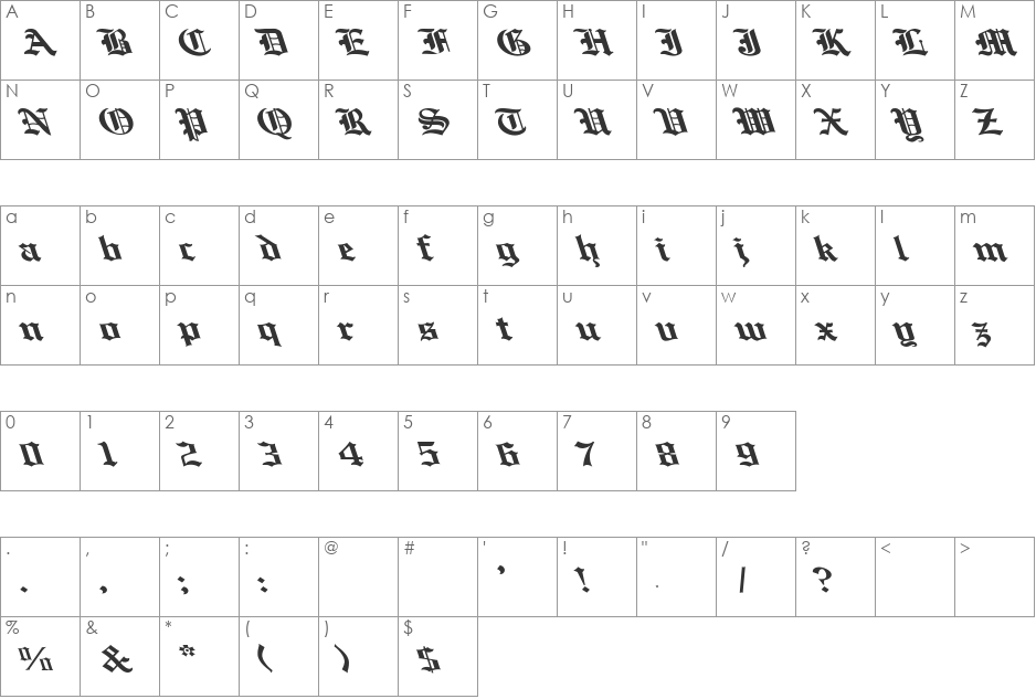 English Towne-Normal Lefty Wide font character map preview