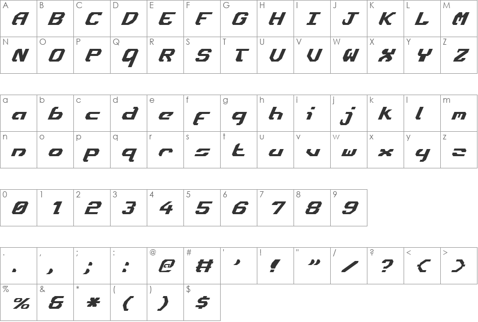 Ensign Flandry Italic font character map preview