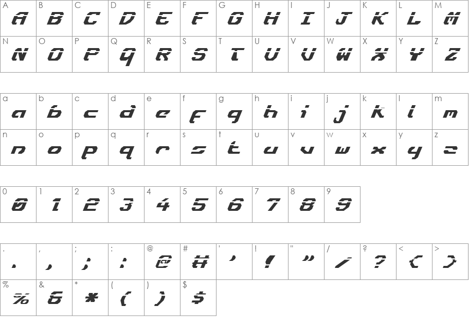 Ensign Flandry Laser Italic font character map preview