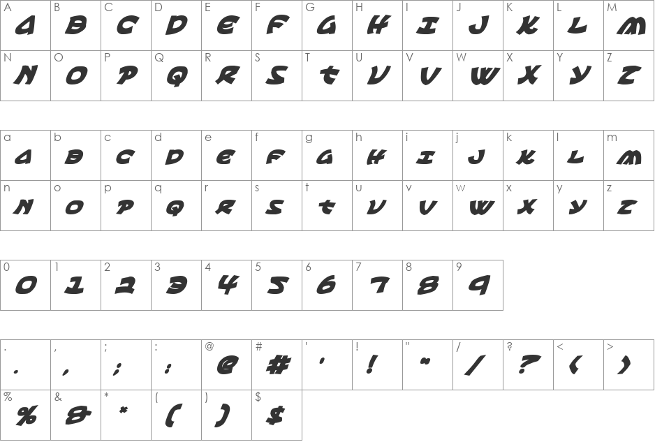 Ephesian CondBoldItal font character map preview