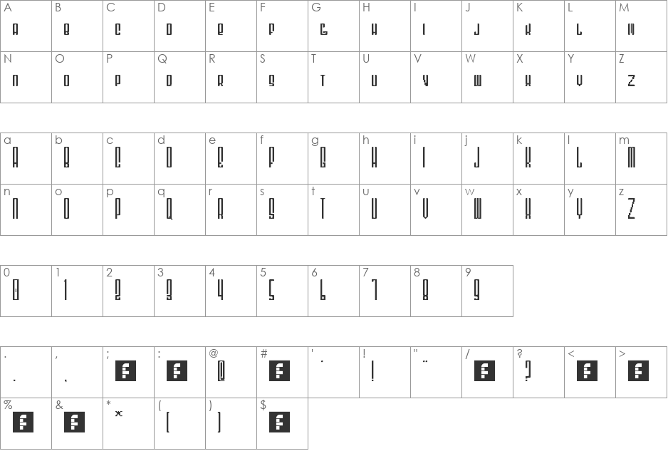 ERECTED STICK font character map preview