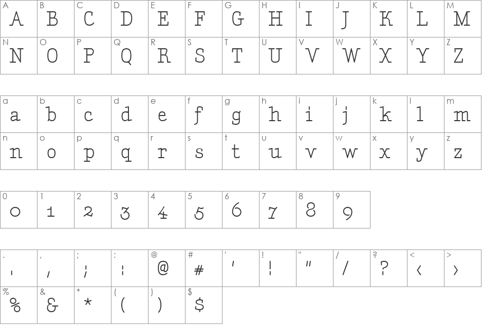 Aminta font character map preview