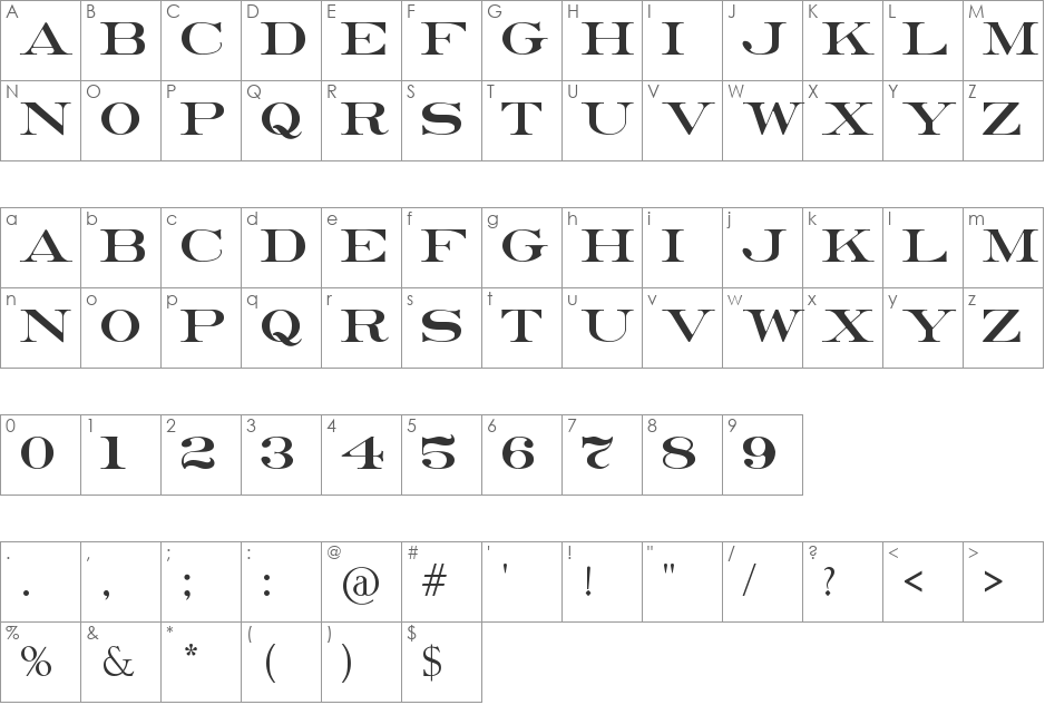 Erie Roman font character map preview
