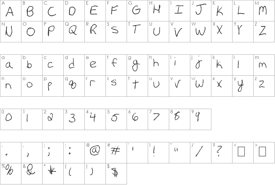 Erin's Handwriting font character map preview