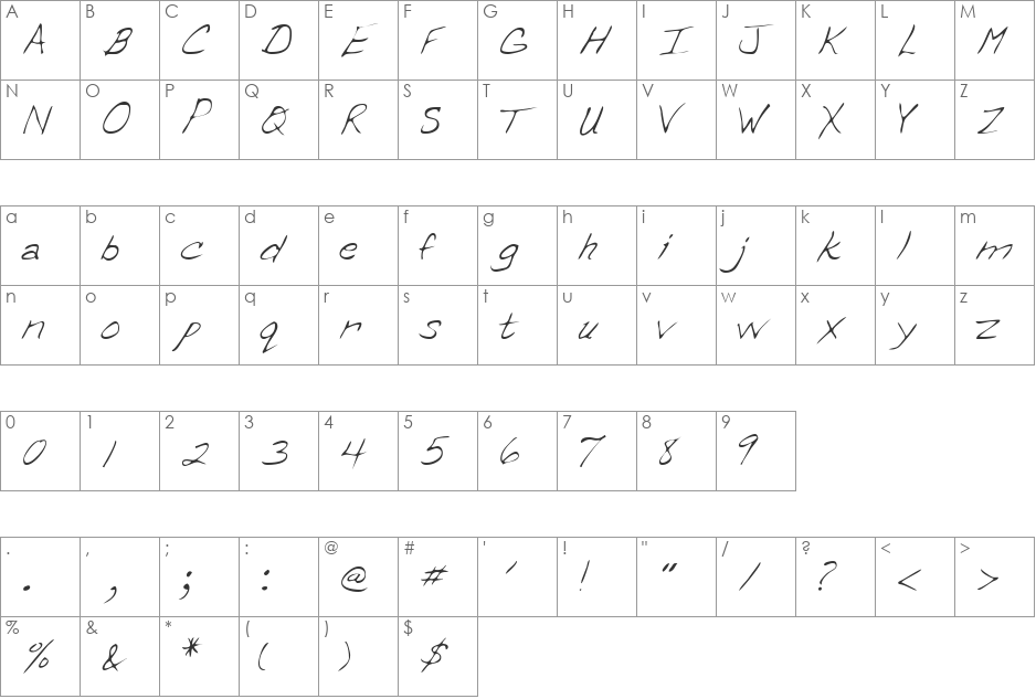 ErinsHand font character map preview