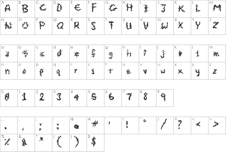 Eroded Strikethrough Lines font character map preview