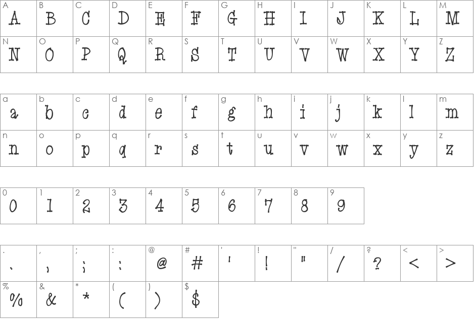EryxCartoon font character map preview