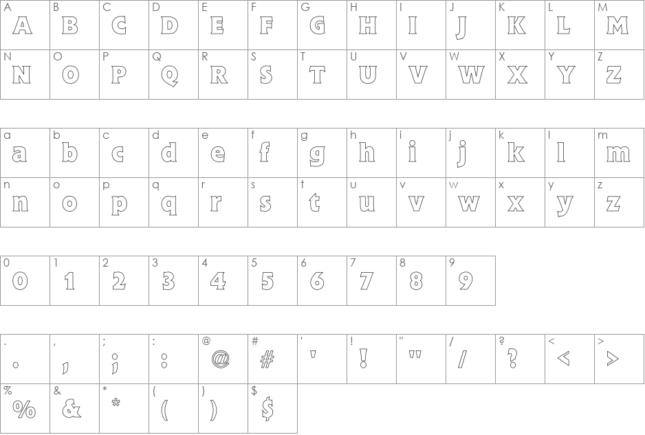 Eschew Hollow font character map preview