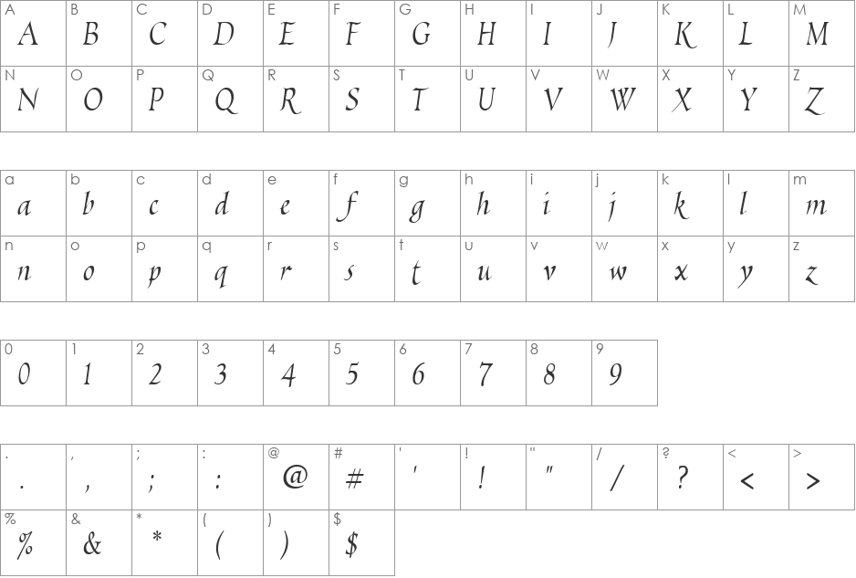 EscribaUT Italic font character map preview